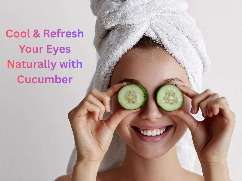 Girl applying chilled cucumber slices on both eyes for cooling effect and dark circles treatment