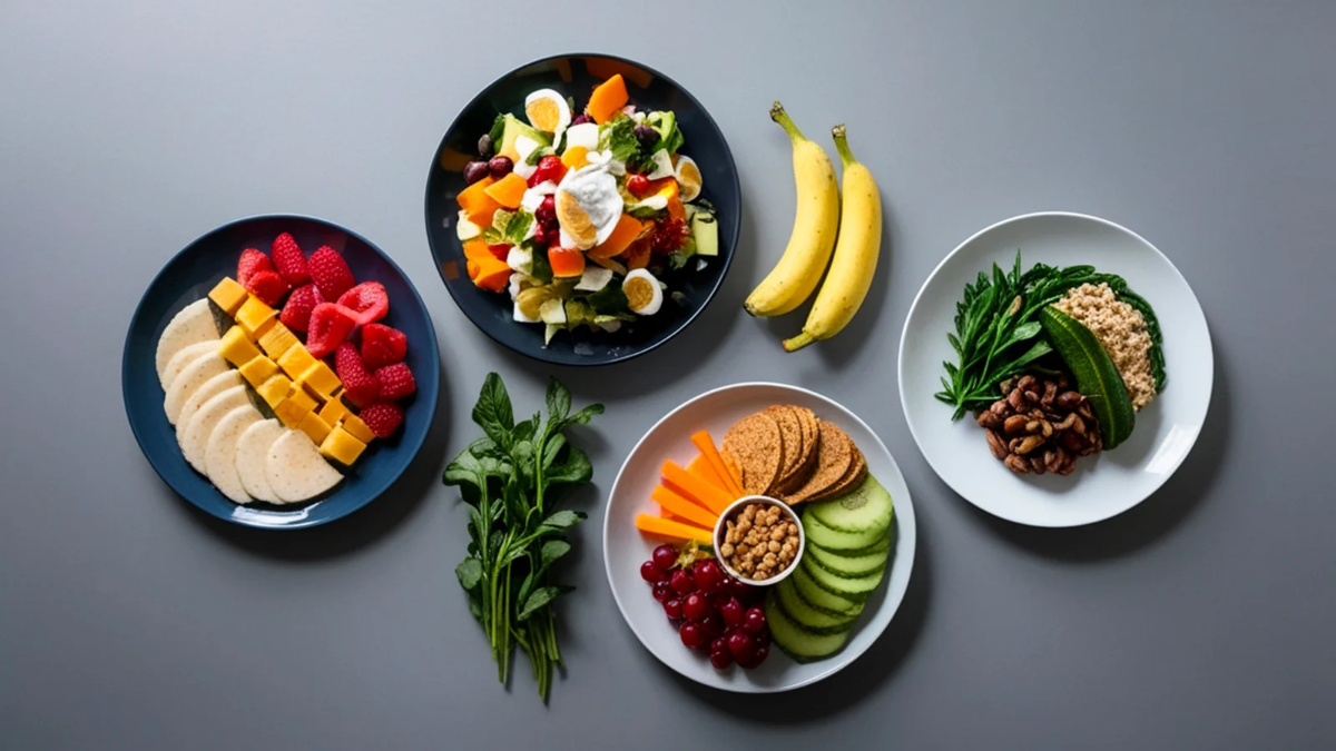 Healthy diet plates with fruits, nuts, and eggs to grow nails naturally and stronger