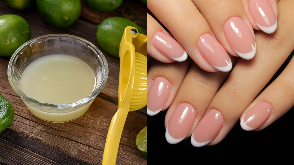 Hand showing nails with lemon and lemon juice for natural nail whitening and growth