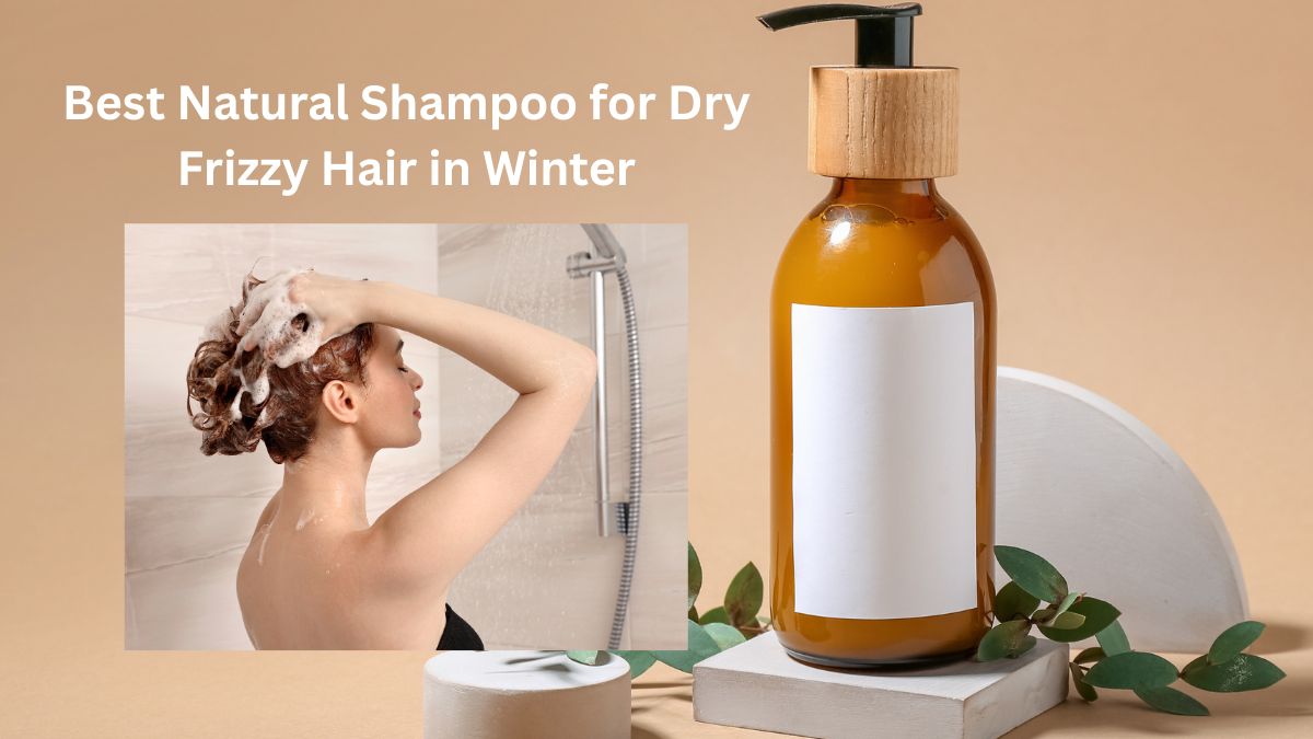 Woman washing hair with best natural shampoo for dry frizzy hair in winter for soft and shiny results.